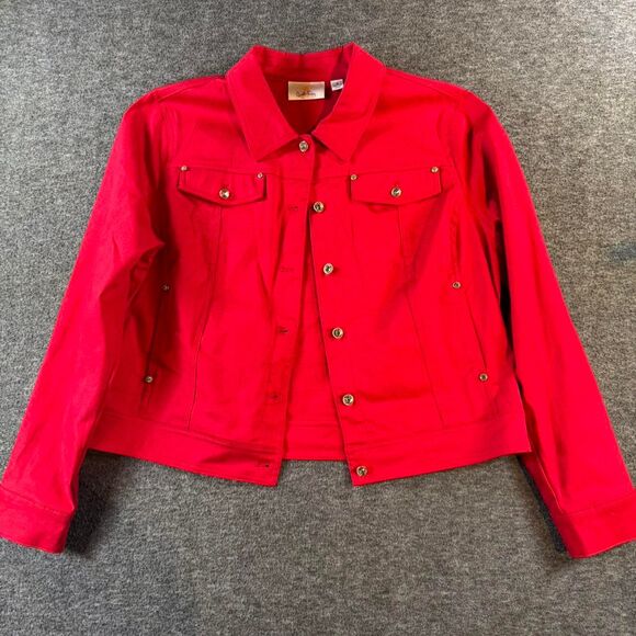 Festive Holiday Red Jean Jacket Stretch Denim Rhinestone Buttons Size Medium - Picture 1 of 2